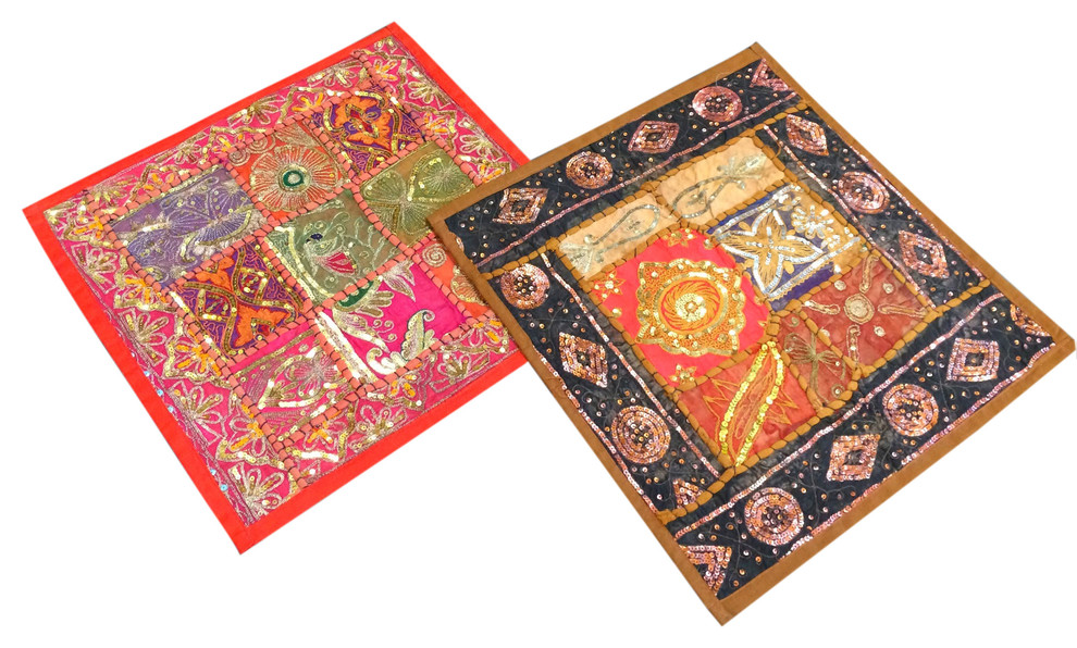 2 Vintage Sari Multi Patchworks Decorative Pillow Cases Sham