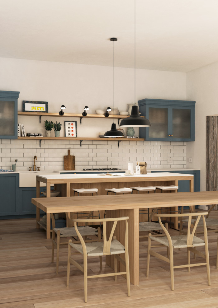 Ispirazione per un'ampia sala da pranzo aperta verso la cucina rustica con pareti beige, parquet chiaro, pavimento marrone, soffitto ribassato e pannellatura