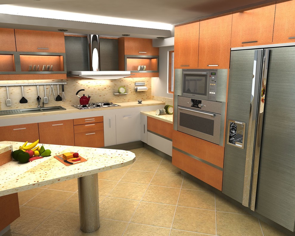 Design ideas for a large modern l-shaped eat-in kitchen in San Diego with flat-panel cabinets, orange cabinets, multi-coloured splashback, stainless steel appliances, with island, a drop-in sink, stone slab splashback, ceramic floors and beige floor.