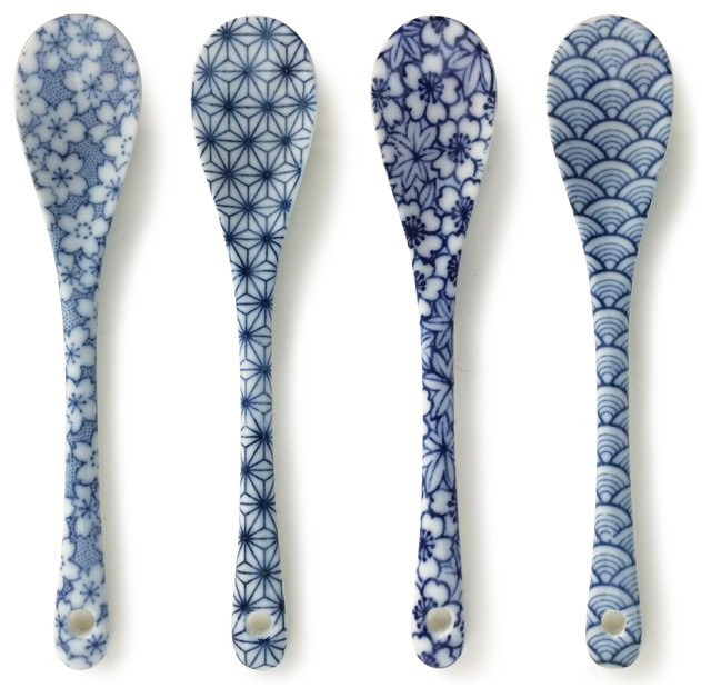 Miya Company Sashiko Blue Dessert Spoons, Set of 4 Spoons Houzz