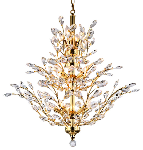 13 Light Chandelier, Gold Finish With European Crystals Contemporary