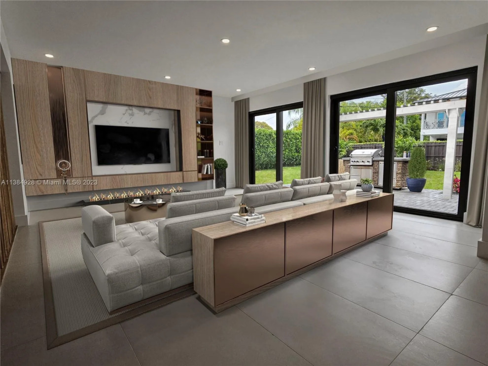 Inspiration for a mid-sized contemporary open concept porcelain tile and gray floor living room remodel in Miami with white walls