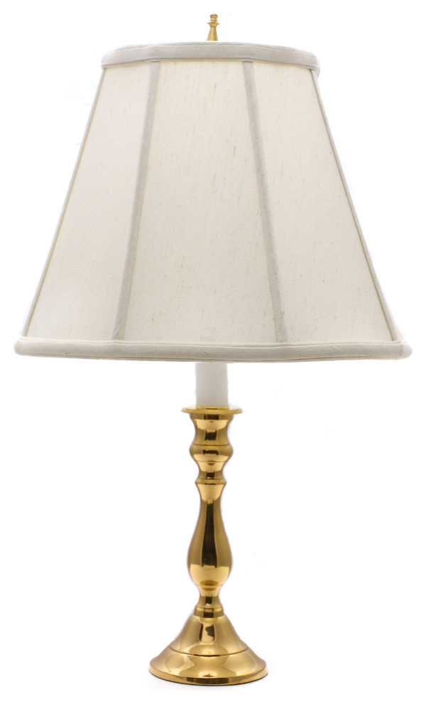 Candlestick Table Lamp, Polished Brass With Off-White Shade