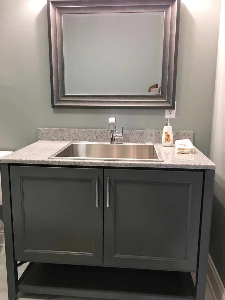 Small transitional 3/4 bathroom in Other with open cabinets, grey cabinets, an open shower, grey walls, vinyl floors, a drop-in sink, solid surface benchtops and an open shower.