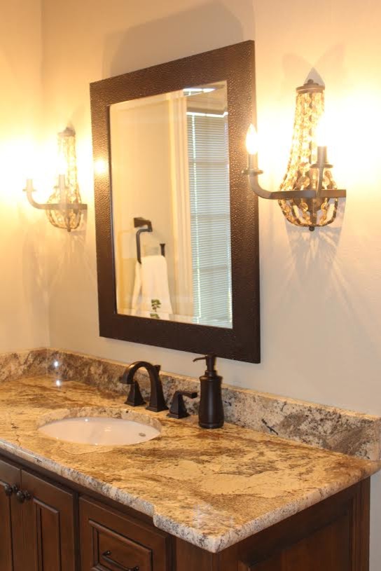Mid-sized transitional 3/4 porcelain tile bathroom photo with an undermount sink and granite countertops