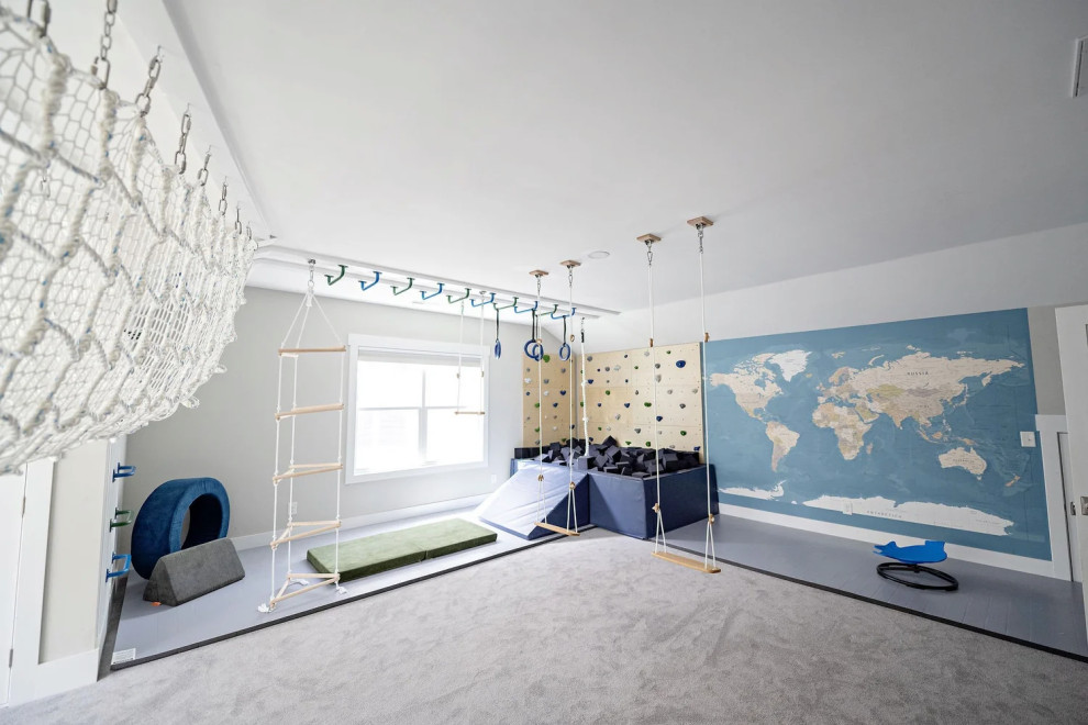 Example of a transitional gender-neutral carpeted and gray floor kids' room design in Charlotte with white walls