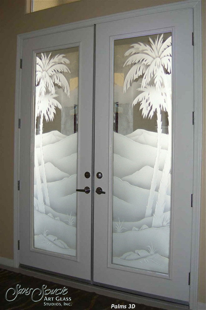 Photo of a large tropical front door in Other with beige walls, travertine floors, a double front door and a glass front door.