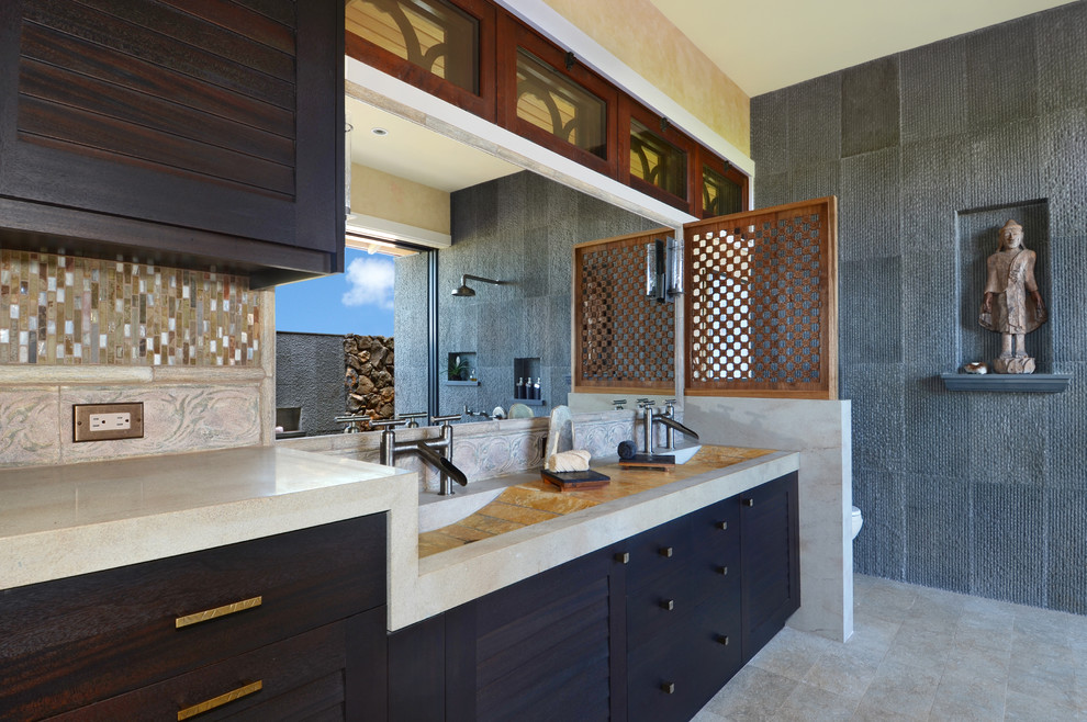 Photo of a large asian master bathroom in Hawaii with an integrated sink, flat-panel cabinets, dark wood cabinets, beige tile, an open shower and an open shower.