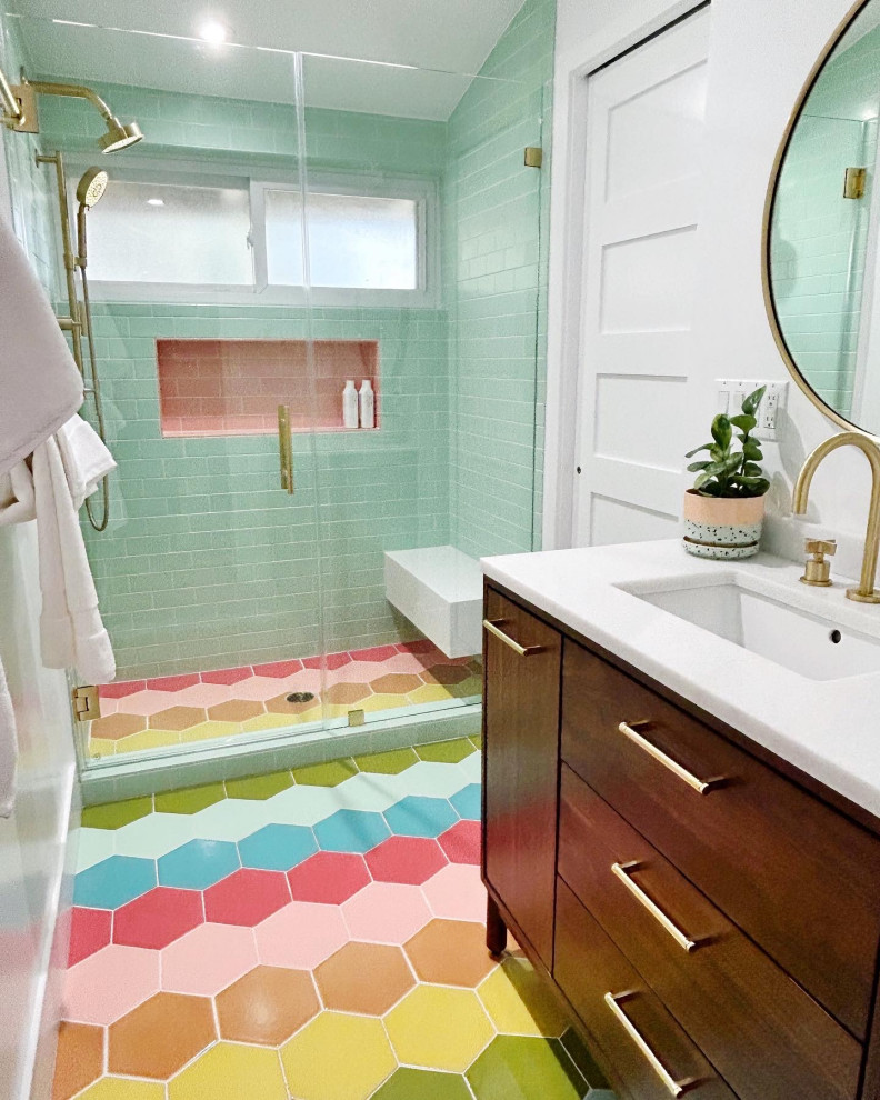 Medium sized eclectic ensuite bathroom in San Francisco with a walk-in shower, ceramic flooring, multi-coloured floors, a hinged door, a single sink and a floating vanity unit.