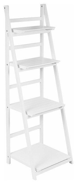 Modern Storage Shelf, White MDF With 4 Open Shelves, Folding Ladder Design