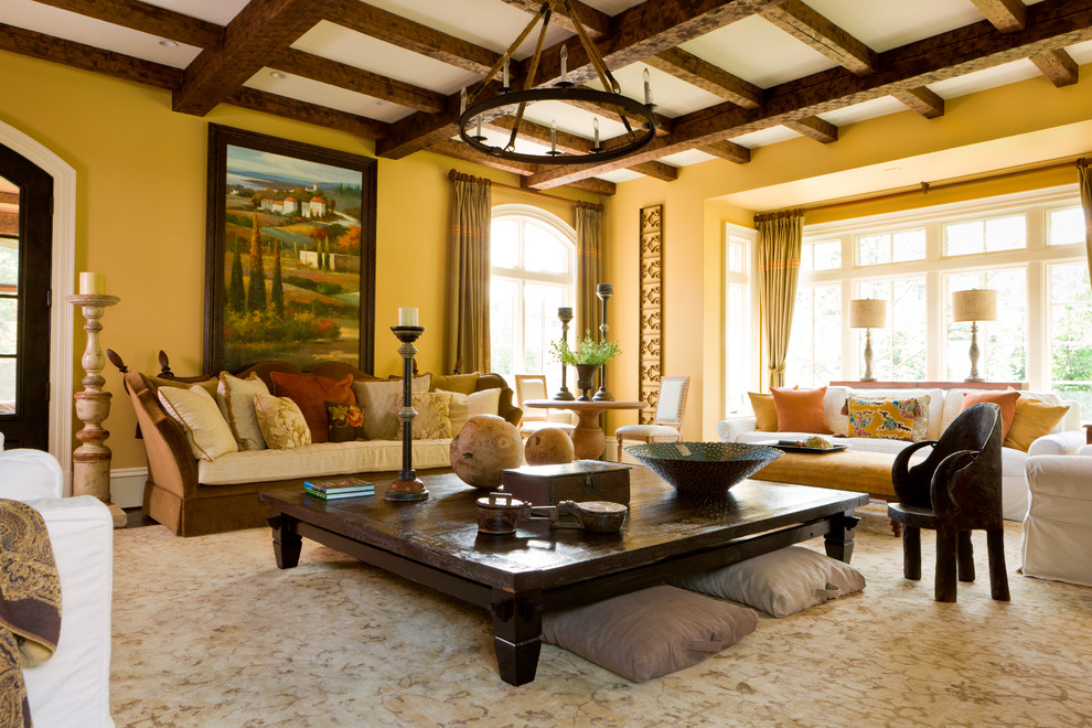 Example of a large tuscan formal and enclosed dark wood floor and brown floor living room design in DC Metro with yellow walls, no fireplace and no tv