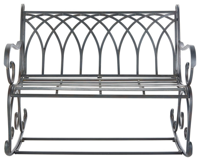 Unique Rocking Bench, Metal Construction With Scrollwork, Black Rust