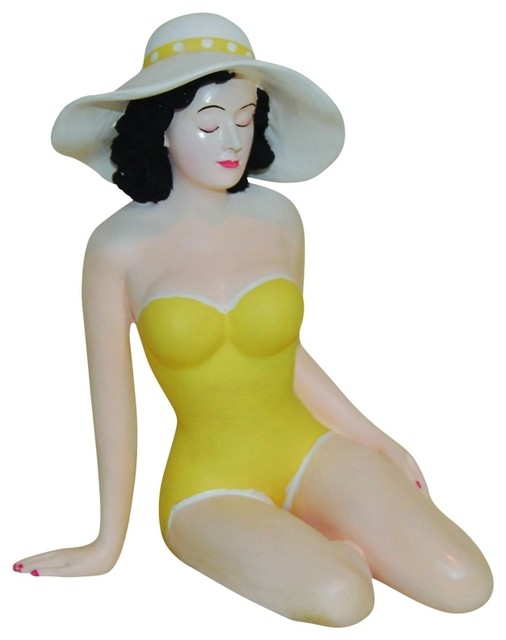 Retro Bathing Beauty Figurine Statue, 1950s Swimsuit Woman Yellow Strapless Beach Style