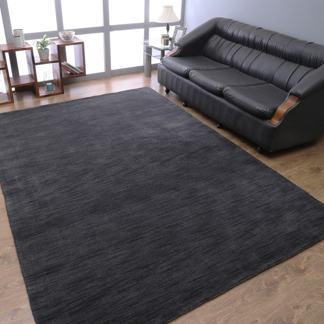 Hand Knotted Loom Wool Area Rug Solid Charcoal