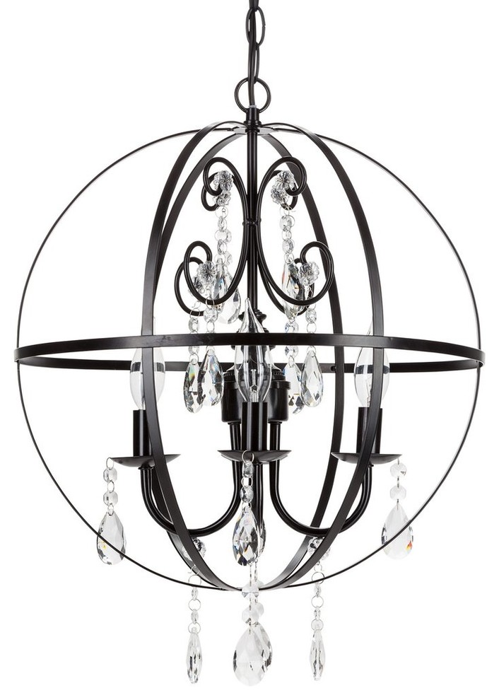 Luna 4 Light Wrought Iron Crystal Orb, Black Wrought Iron Orb Chandelier