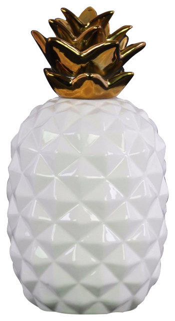 Ceramic Pineapple Decor With Gold Top, White, Small