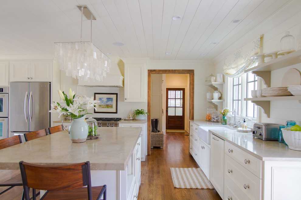 Country kitchen in Atlanta with open cabinets.
