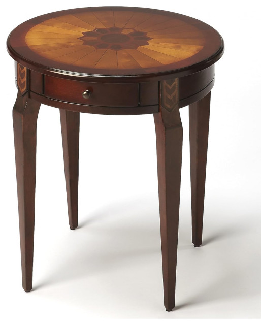 Round Accent Table, Wooden Frame With Cherry Finish & Unique Maple