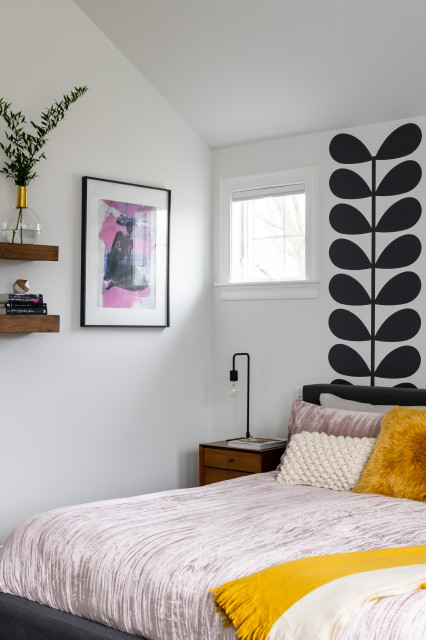 Modern Bedroom With Graphic Wall Mural and Blush Textures modern-bedroom