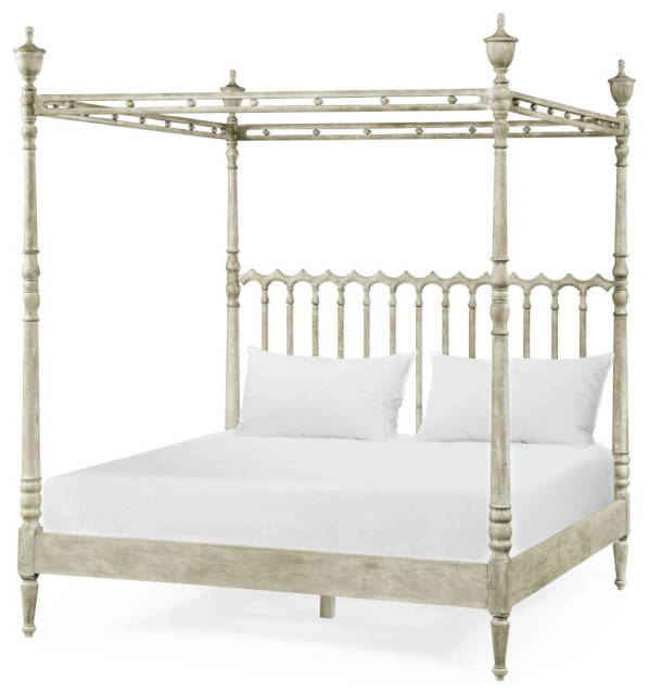 Greyed Oak Four Post Queen Bed Farmhouse Canopy Beds by English