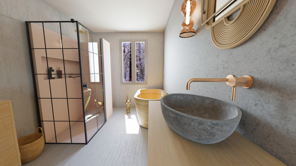 Inredning av ett stort brun brunt badrum, med ett japanskt badkar, en kantlös dusch, en vägghängd toalettstol, rosa kakel, mosaik, grå väggar, betonggolv, ett avlångt handfat, träbänkskiva, grått golv och dusch med gångjärnsdörr