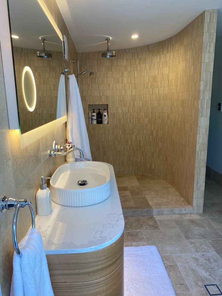 Inspiration for a mid-sized country master bathroom in Sunshine Coast with medium wood cabinets, a freestanding tub, an open shower, a two-piece toilet, travertine, travertine floors, a vessel sink, engineered quartz benchtops, an open shower, white benchtops, a single vanity and a floating vanity.