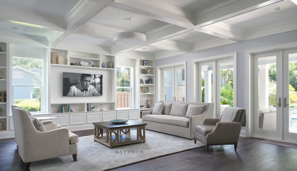 Inspiration for a large traditional open concept living room in Tampa with grey walls, dark hardwood floors, a wall-mounted tv, no fireplace and brown floor.