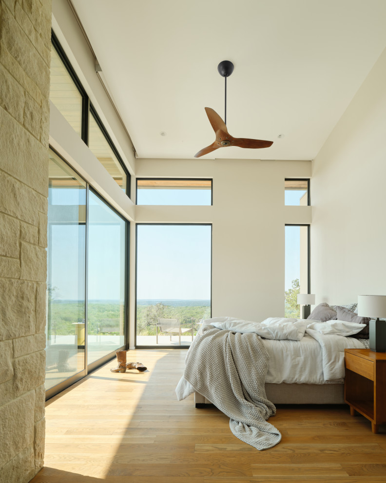 Photo of a large modern master bedroom in Austin with beige walls, light hardwood floors, beige floor and vaulted.