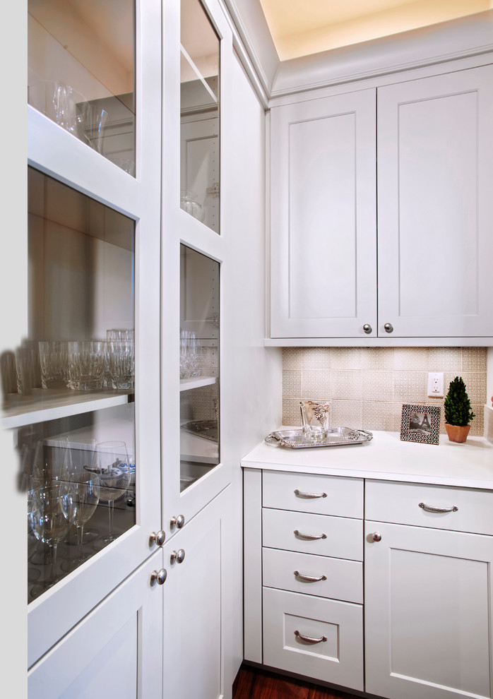 Kitchen - transitional kitchen idea in Denver with flat-panel cabinets and white cabinets