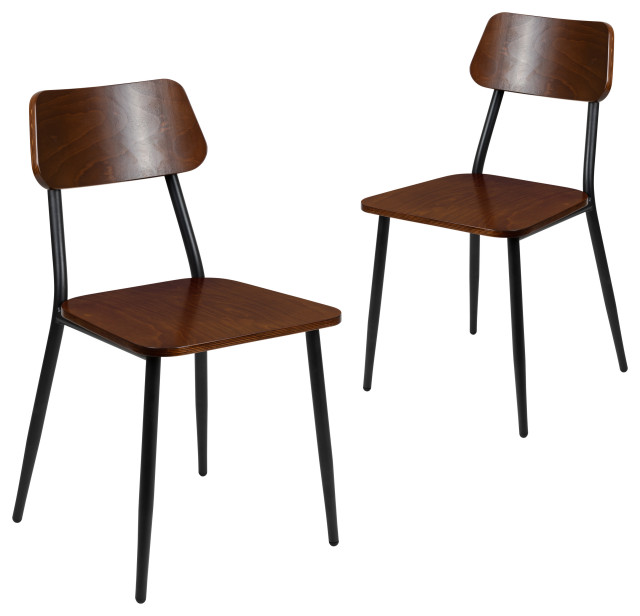 Steel Framed Dining Chairs With Wood Back and Seat, Set of 2