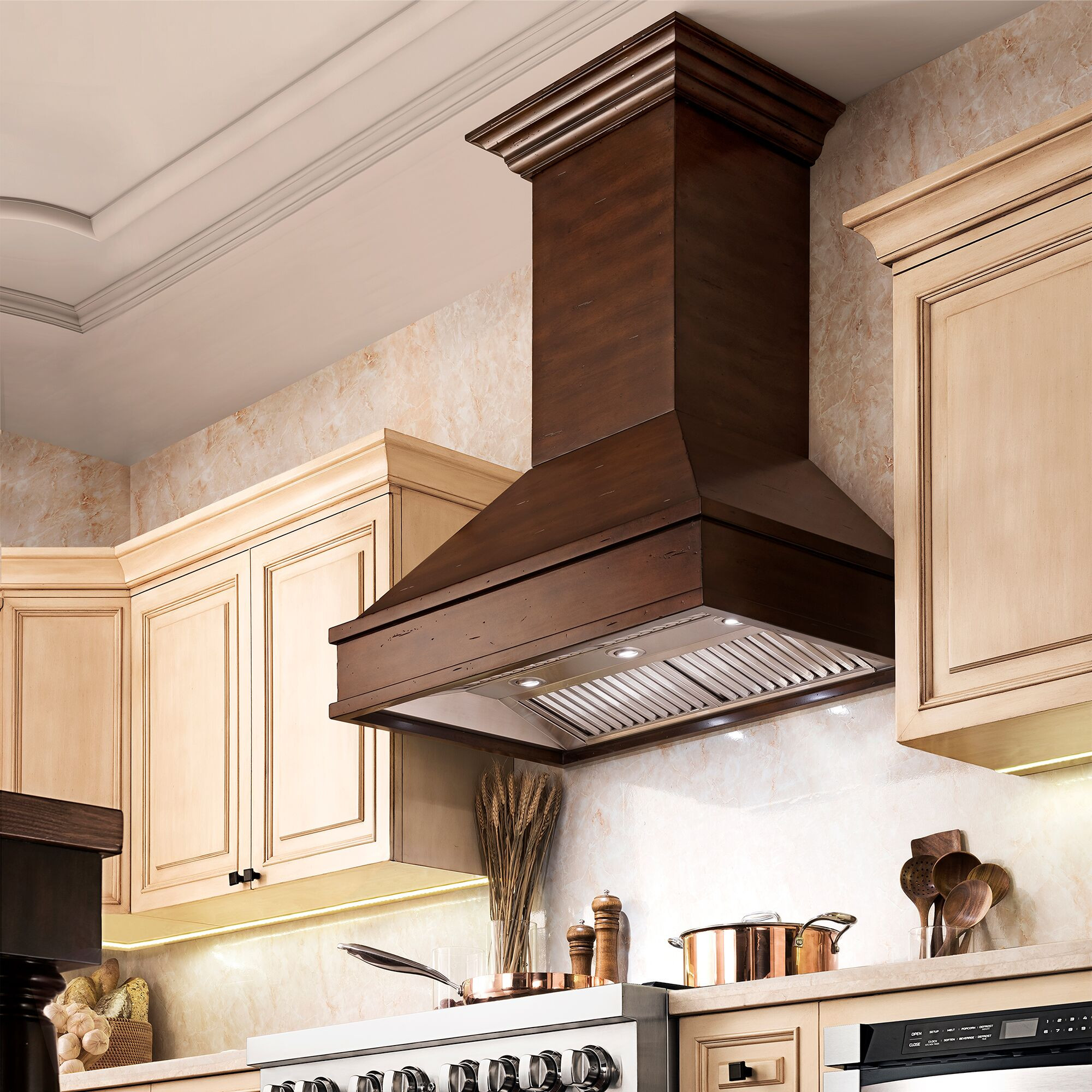 Kitchens featuring a ZLINE Wooden Wall Range Hood