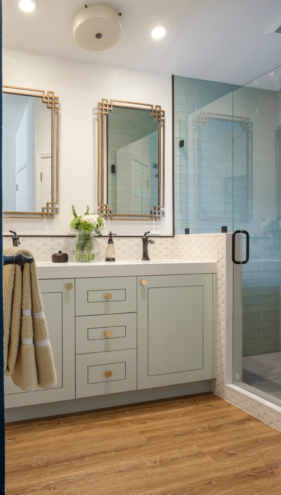 Example of an eclectic master white tile bathroom design in San Francisco with white walls, an undermount sink and quartz countertops