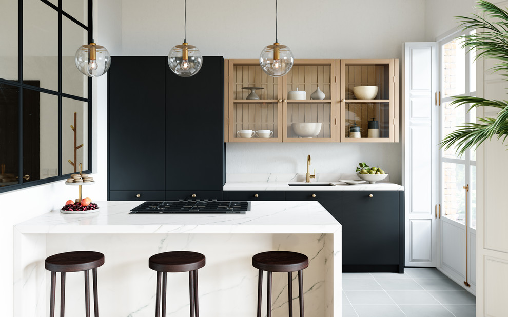 Design ideas for a contemporary kitchen in Manchester with an undermount sink, flat-panel cabinets, black cabinets, white splashback, panelled appliances, a peninsula, grey floor and white benchtop.
