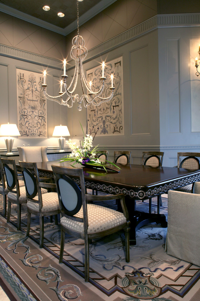 Expansive traditional separate dining room in Dallas with white walls.