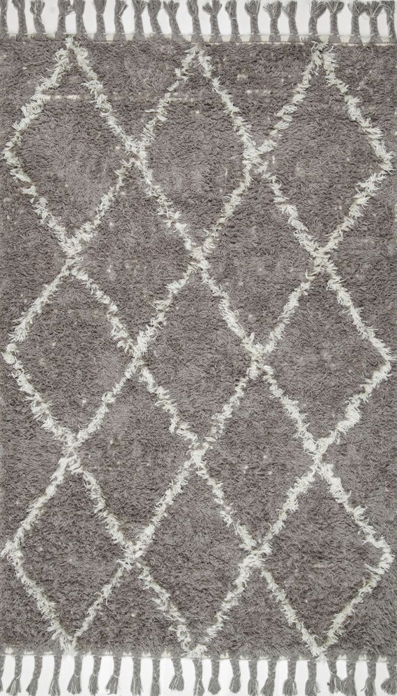 Hand Knotted Geometric Diamond Wool Shag Rug, Gray, 9'x12'