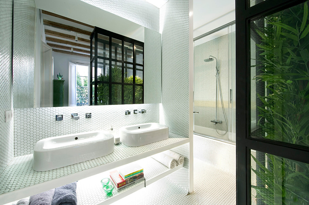 This is an example of a mid-sized transitional bathroom in Barcelona with white tile, mosaic tile, white walls, mosaic tile floors, a vessel sink, white floor and white benchtops.