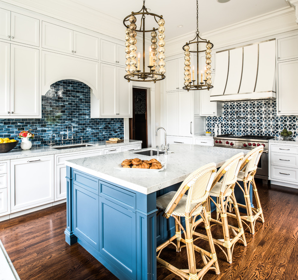 Design ideas for a traditional kitchen in San Francisco with an undermount sink, shaker cabinets, white cabinets, blue splashback, stainless steel appliances, dark hardwood floors and with island.
