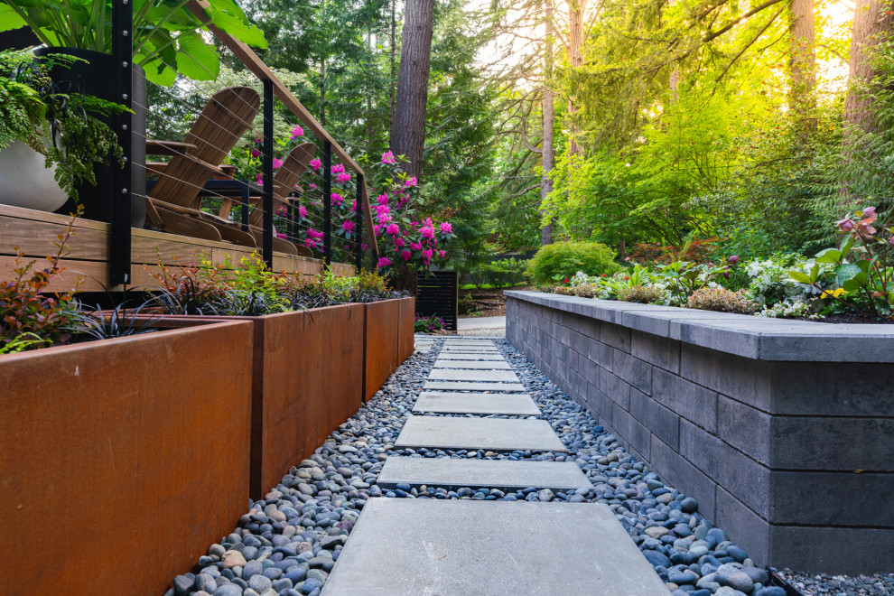 Mittelgroßer Retro Garten hinter dem Haus mit direkter Sonneneinstrahlung, Betonboden und Hochbeet in Seattle