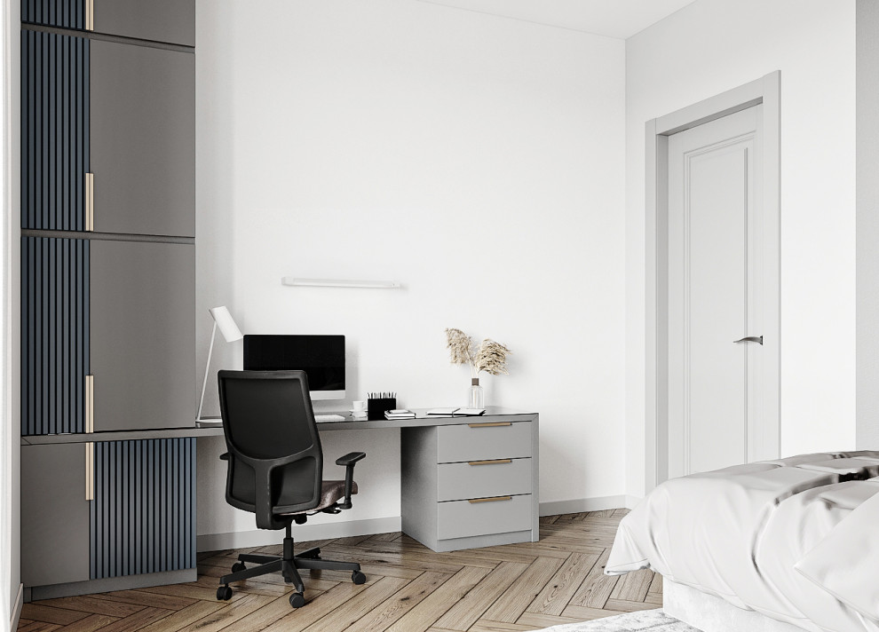 Foto de dormitorio contemporáneo con paredes grises