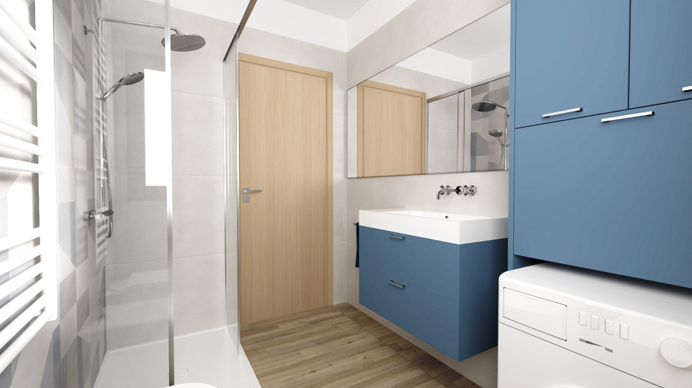Example of a small trendy 3/4 multicolored tile and porcelain tile vinyl floor and single-sink bathroom design in Other with flat-panel cabinets, blue cabinets and a floating vanity