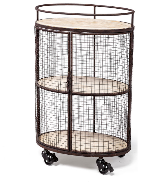 Saluti II Black Metal Oval Caged Frame w/ 3 Wood Shelves Bar Cart
