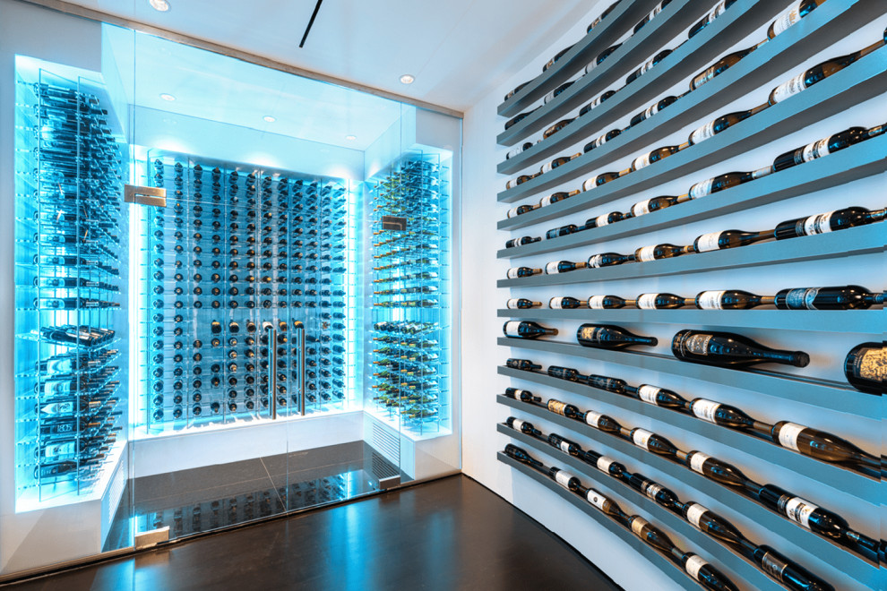 Photo of an expansive modern wine cellar in Portland with ceramic floors, display racks and black floor.