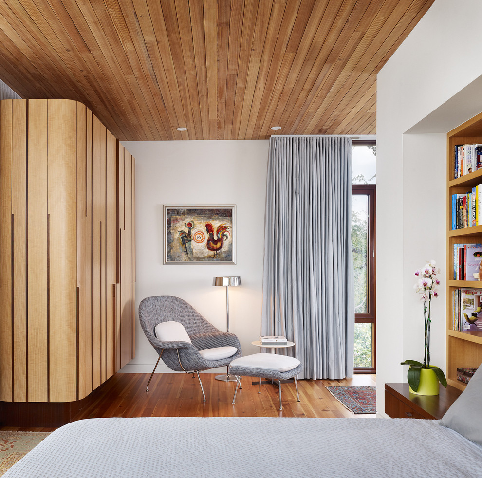 Design ideas for a mid-sized contemporary master bedroom in Austin with white walls and light hardwood floors.