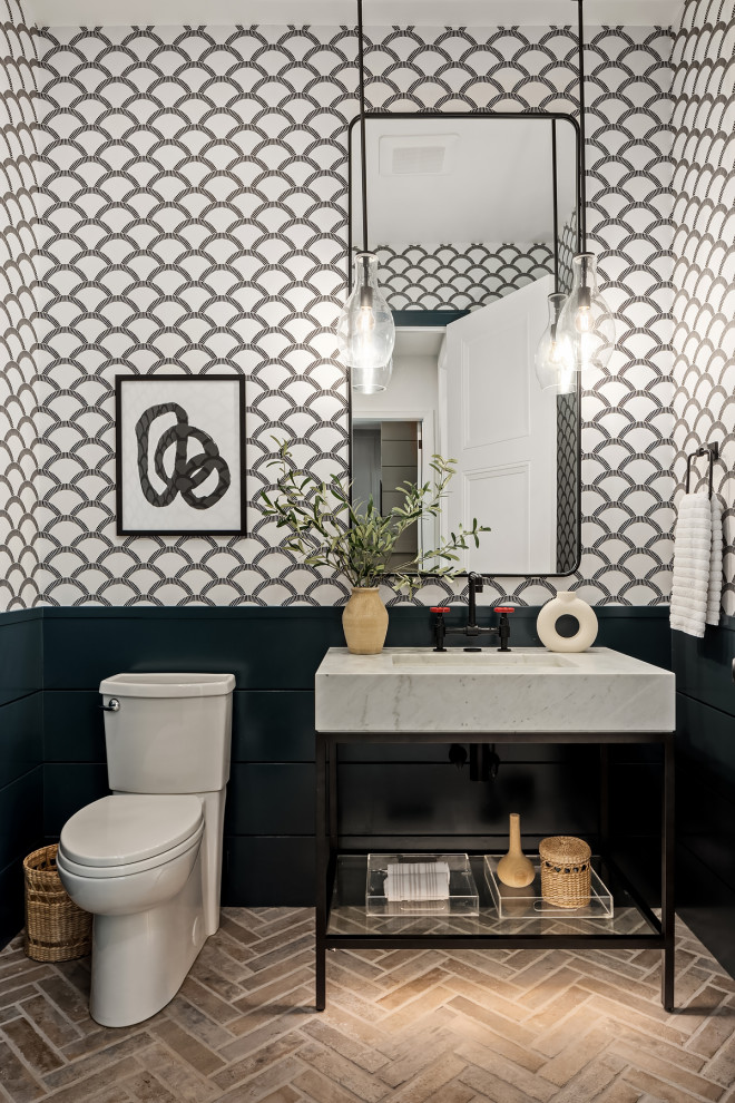 Mid-sized transitional porcelain tile, multicolored floor and shiplap wall powder room photo in Seattle with open cabinets, black cabinets, a one-piece toilet, multicolored walls, an undermount sink, marble countertops, white countertops and a freestanding vanity