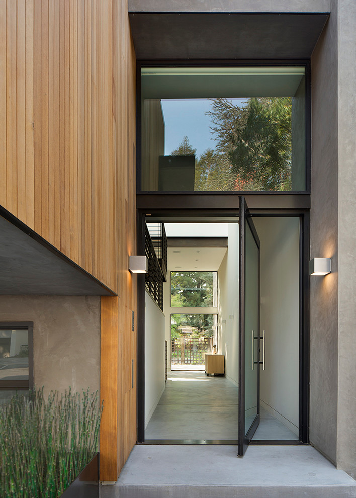 This is an example of a contemporary front door in San Francisco with concrete floors and a pivot front door.