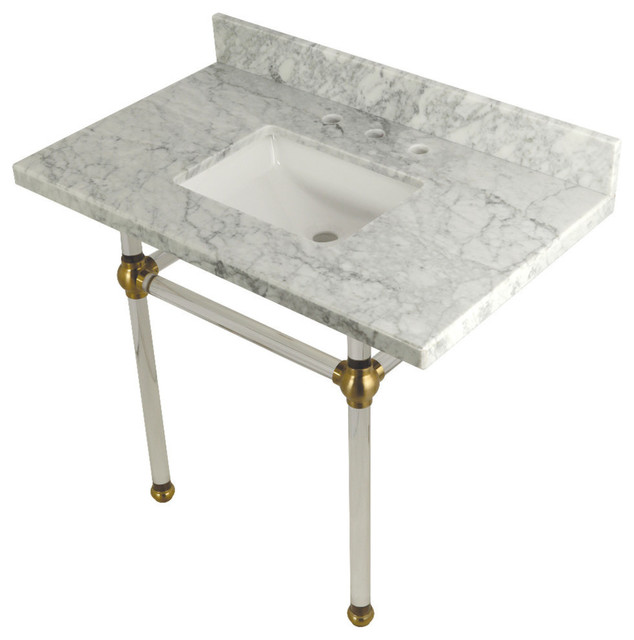 36X22 Marble Vanity Top w/Acrylic Console Legs, Carrara Marble/Brushed Brass