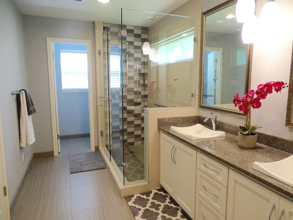 Walk-in shower - mid-sized transitional master gray tile and ceramic tile ceramic tile walk-in shower idea in Austin with white cabinets, purple walls and quartzite countertops