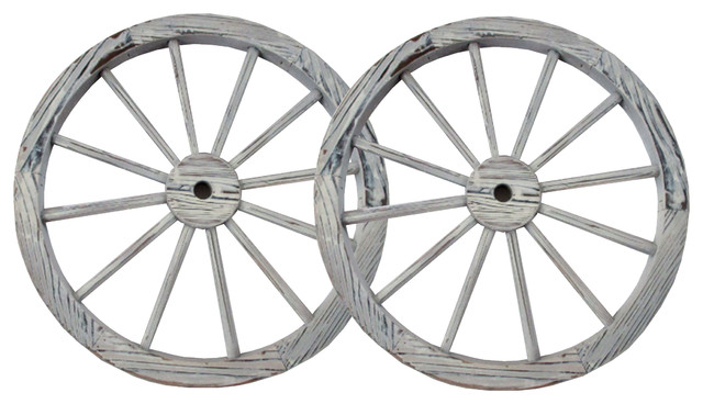 30" Steel-Rimmed Wooden Wagon Wheels, Decorative Wall Decor, Set of 2, White