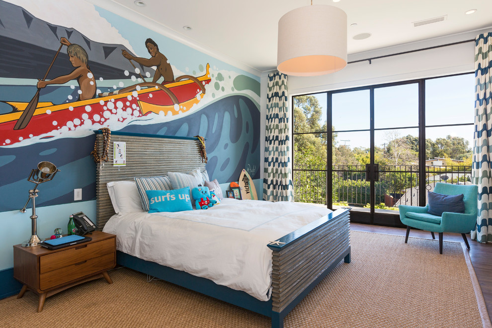 Kids' bedroom - bedroom mediterranean boy dark wood floor and brown floor kids' bedroom idea in Los Angeles with multicolored walls