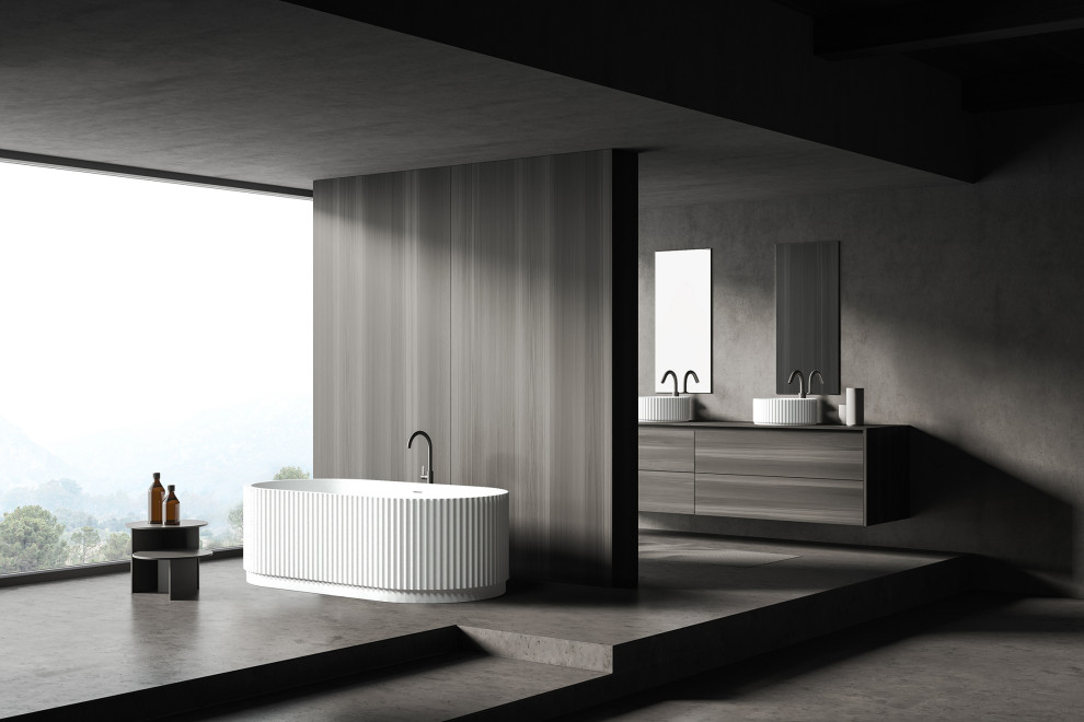 Inspiration for an expansive contemporary bathroom in Melbourne with recessed-panel cabinets, dark wood cabinets, a freestanding tub, a vessel sink, wood benchtops, a double vanity and a floating vanity.